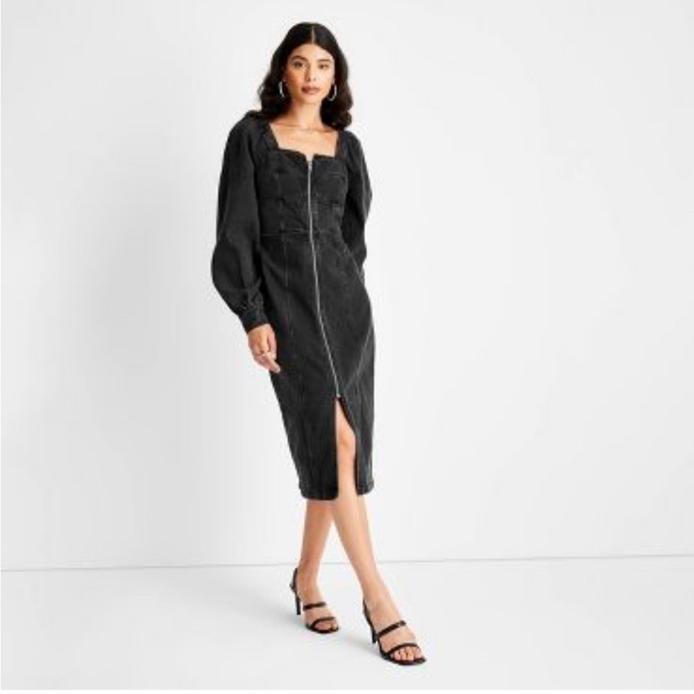 Future Collective Women's Puff Long Sleeve Zip-Front Denim A-Line Dress.  NWOT